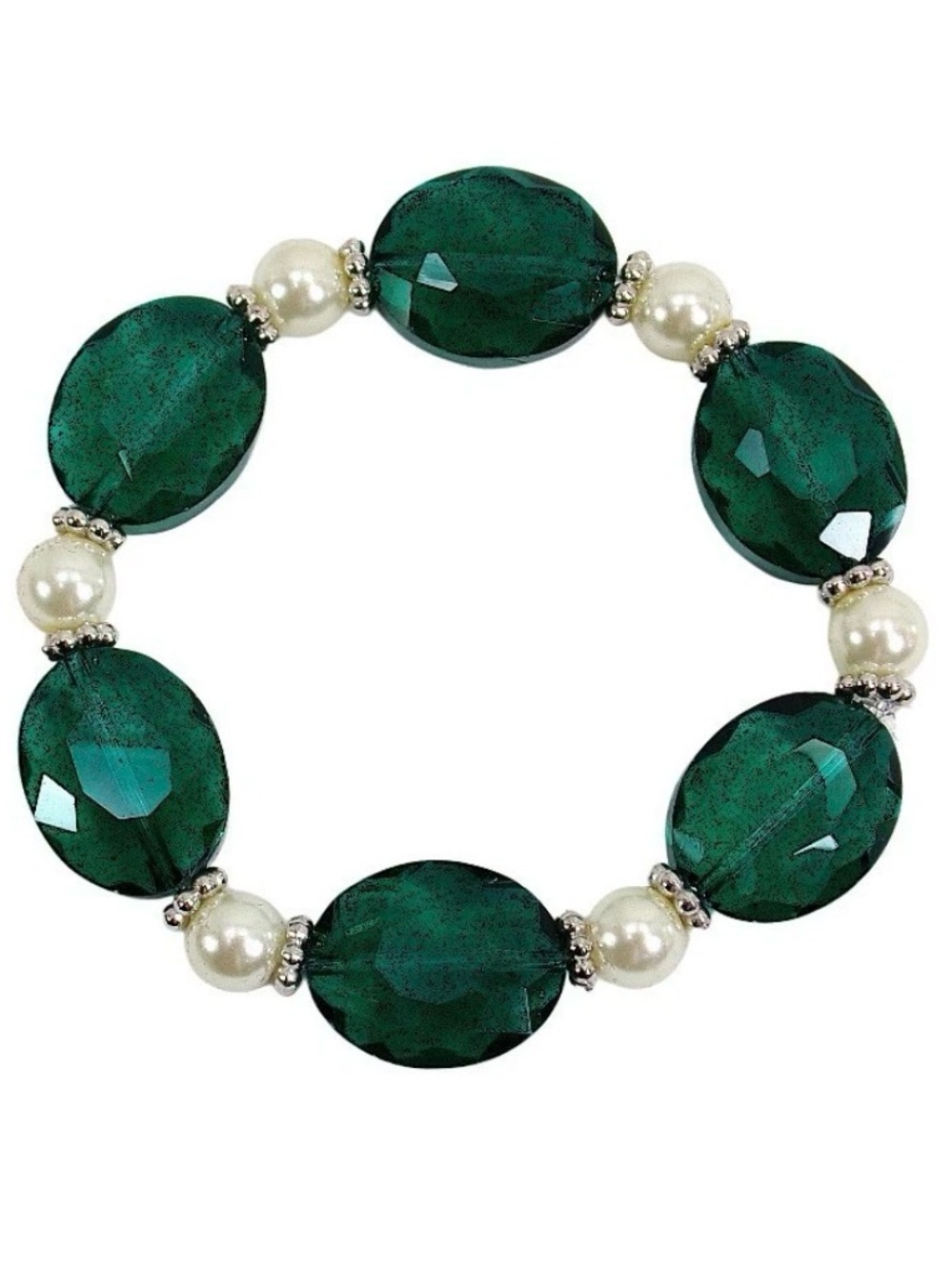 Green glass and pearl bead stretch bracelet with oval and round glass beads New